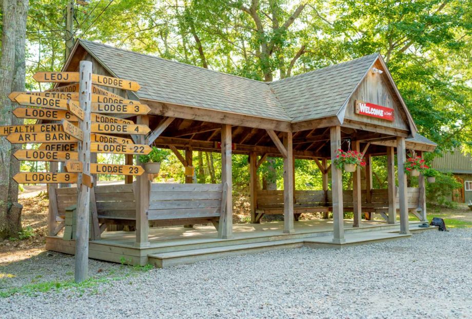 Welcome area with directional signs