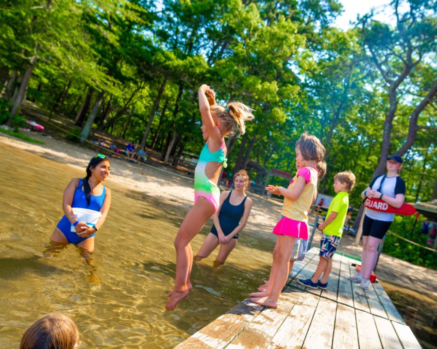 Camper jumping into the lake